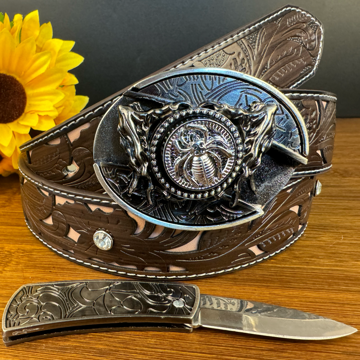 Western Leather Belt-Knife Buckle-Spinning Style
