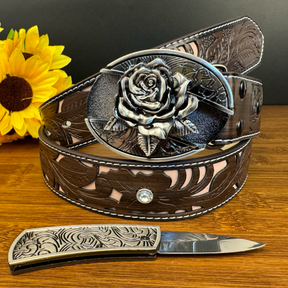 Western Leather Belt-Knife Buckle-Flower Style