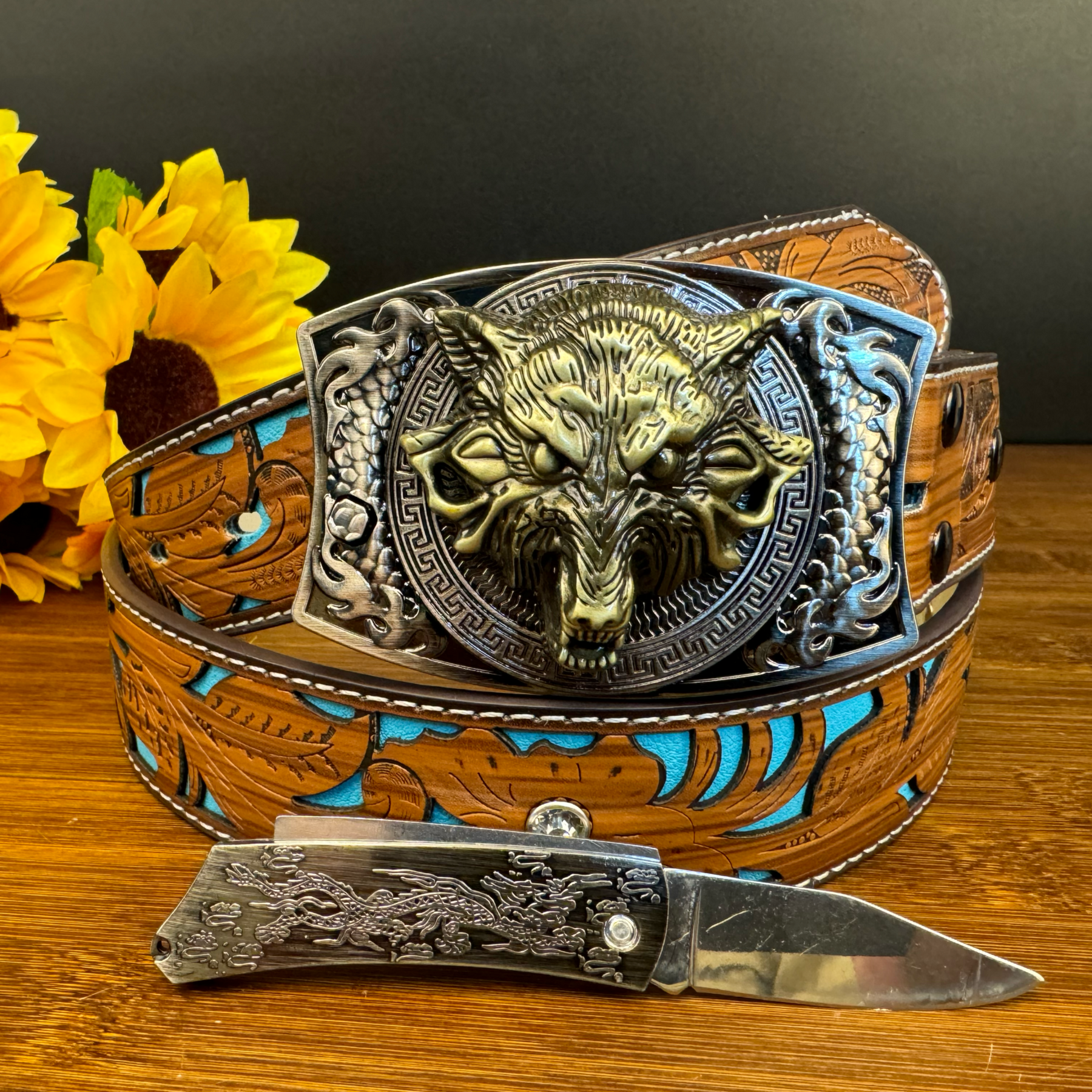 Western Leather Cowgirl Brown Belt-Square Knife Buckle